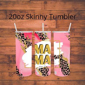 MAMA mom mother pink gold glitter leopard print 20oz skinny tumbler